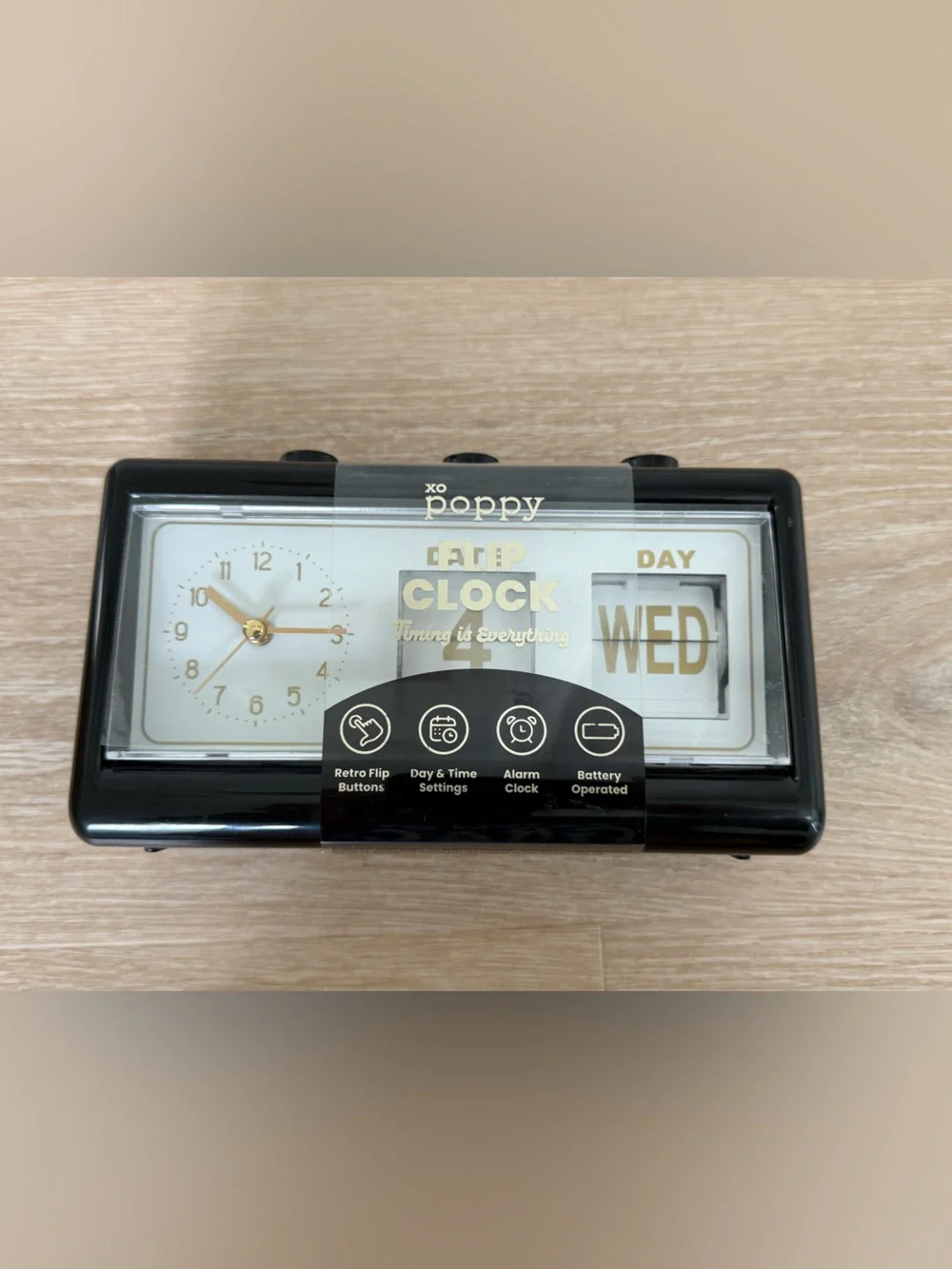 XO Poppy Flip Clock New Retro Black Case White Dial Gold Hands Markers Day Date